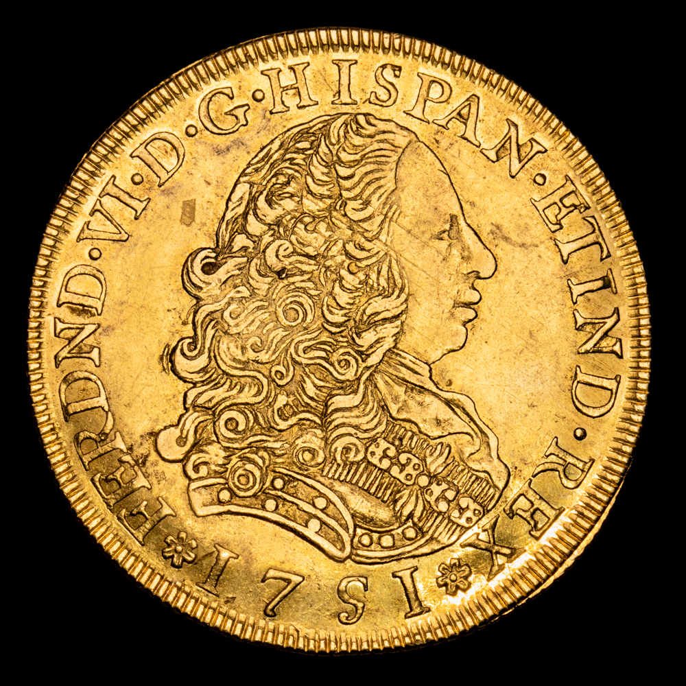 Fernando VI. 8 Escudos. (27,06 g.). Lima. 1751. Ensayador L·M. Aureo y Calicó – 764. EBC/EBC+. Parte de brillo original. Atractiva.