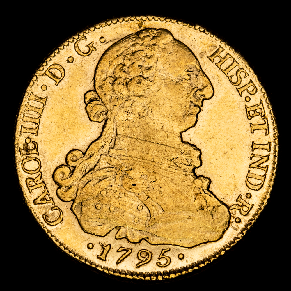 Carlos IIII. 8 Escudos. (27,05 g.). Santiago. 1795. Ensayador D·A. Aureo y Calicó – 1760. MBC+/EBC. Restos de brillo original.