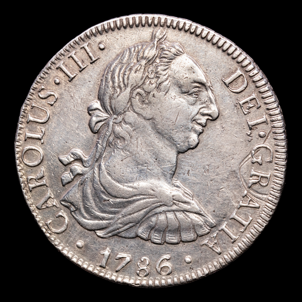 Carlos III. 8 Reales. (26,87 g.). México. 1786. Ensayador F·M. Aureo y Calicó – 1129. MBC+. (Rayitas)