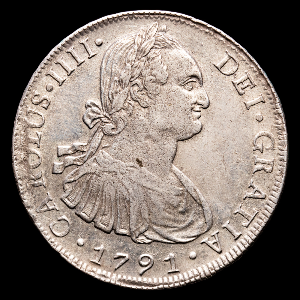Carlos IV. 8 Reales. (26,82 g.). Lima. 1791. Enayador I·J. Aureo y Calicó – 905. MBC. Primer año de busto propio.