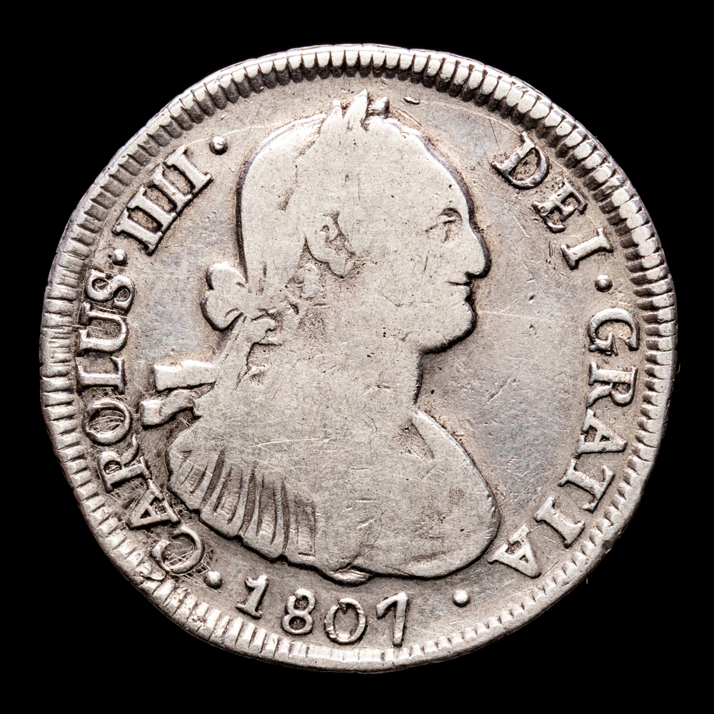 Carlos IIII. 4 Reales. (13,01 g.). Santiago. 1807. Ensayador F·J. Aureo y Calicó – 871. BC+. Escasa.