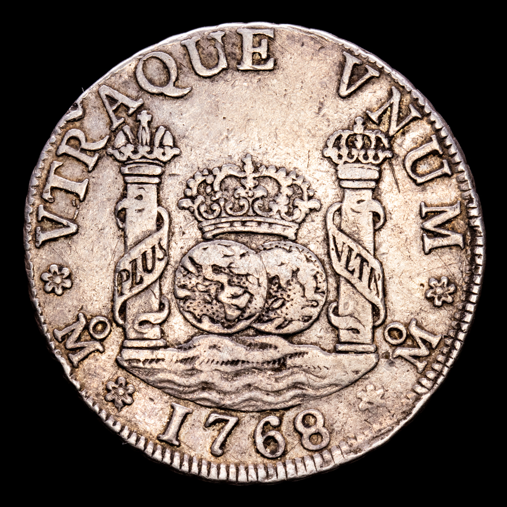 Carlos III. 4 Reales. (13,4 g.). México. 1768. Ensayador M·F. Aureo y Calicó – 881. MBC+. Escasa. Leve golpecito en canto.