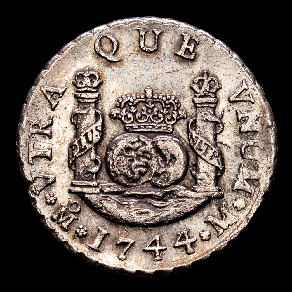 Felipe V. 2 Reales. (6,72 g.). México. 1744/3. Ensayador M. MBC+. Hojita en borde, pero buen ejemplar.
