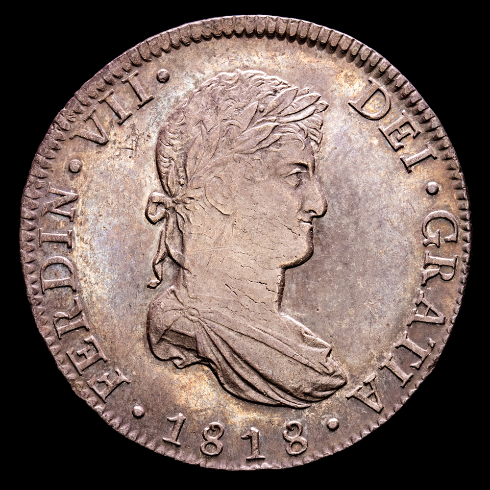 Fernando VII. 8 Reales (26,93 g.). 1818. México. Aureo y Calicó – 1333. Precioso color. EBC/EBC+