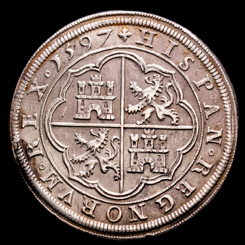 Felipe II. 8 Reales (27,19 g.). 1597. Segovia. Aureo y Calicó -718. Cal-232. Rara . EBC+/EBC-