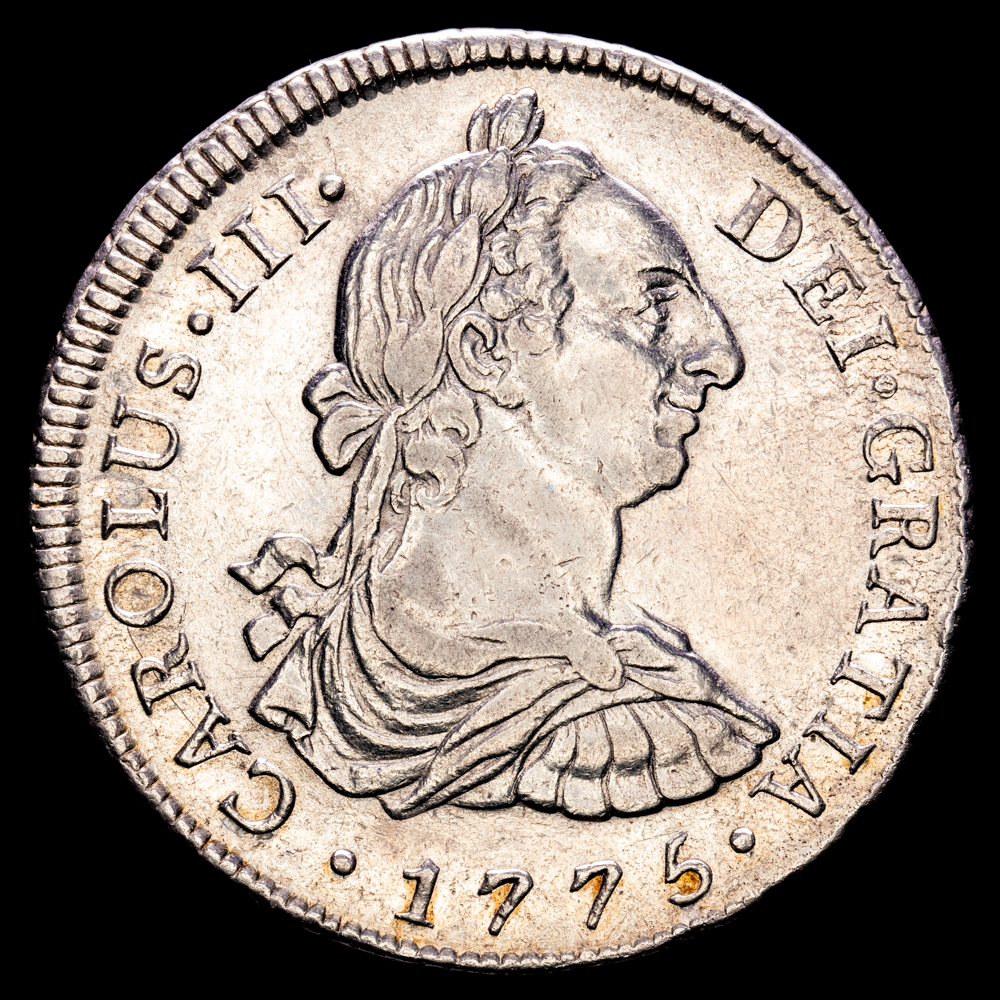 Carlos III. 8 Reales (26,97 g.). 1775. Lima. Ensayador M·J. Aureo y Calicó – 1041. EBC. Restos de brillo original. 