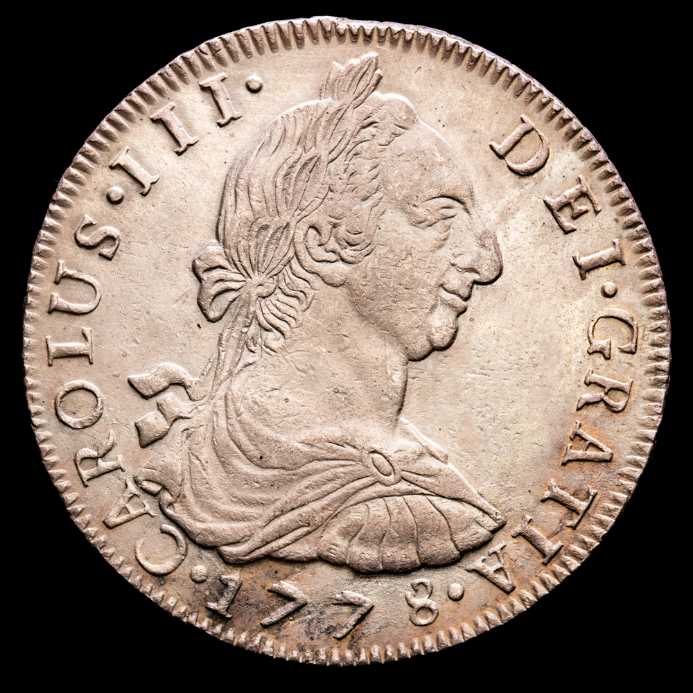 Carlos III. 8 Reales (26,92 g.). 1778. Potosí. Ensayador P·R. Aureo y Calicó – 979. EBC+. Tono .