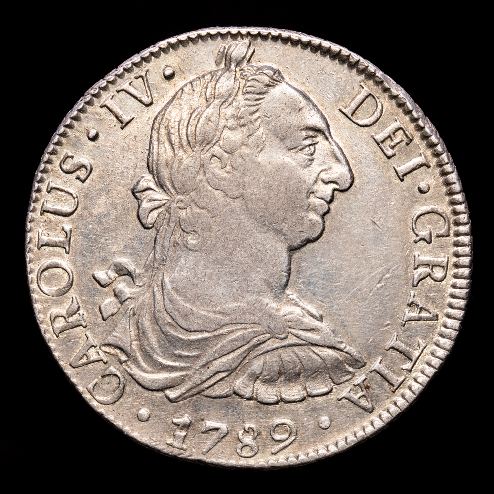 Carlos IV. 8 Reales. (26,95 g.). México. 1789. Ensayador F·M. Aureo y Calicó-950. EBC-. Restos de brillo original. Busto de Carlos III ordinal
