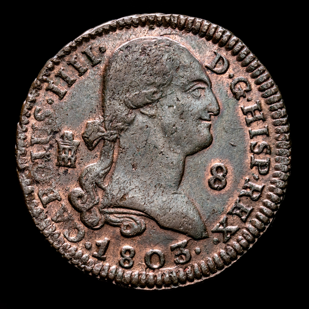 Carlos IV. 8 Maravedís. (11,32 g.). Segovia. 1803. Aureo y Calicó-80. EBC+. Restos de brillo original.