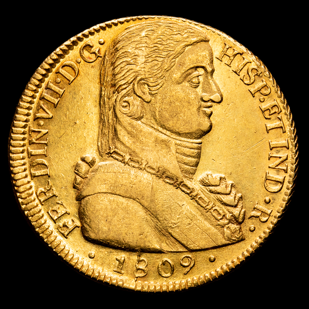 Fernando VII. 8 Escudos. (27,12 g.). Santiago de Chile. 1809. Ensayador F·J. Aureo y Calico-1862. EBC+. Gran  parte de brillo original. Precioso color.