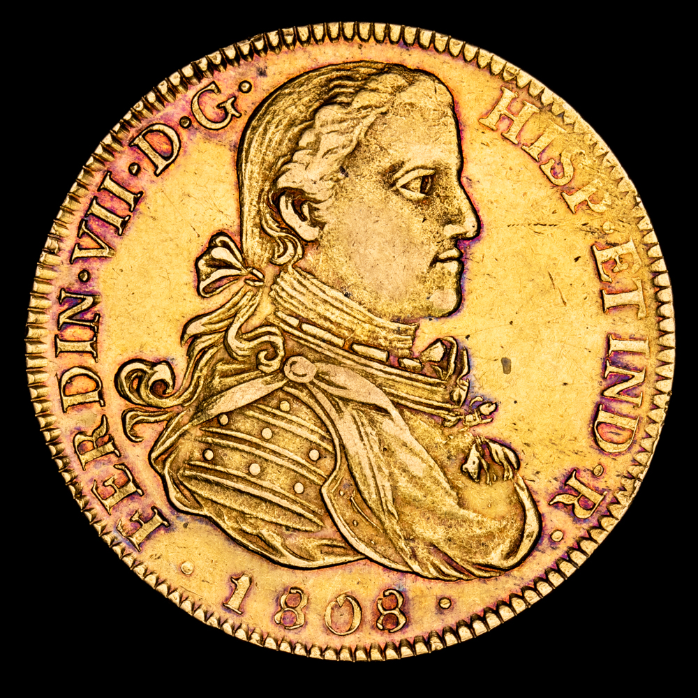 Fernando VII. 8 Escudos. (27,03 g.). México. 1808. Ensayador T·H. Aureo y Calico-1781. MBC+/EBC-. Restos de brillo original. Precioso color.