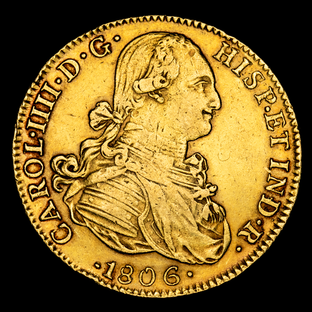 Carlos IV. 8 Escudos. (27,01 g.). México. 1806. Ensayador T·H. Aureo y Calico-1651. MBC+.