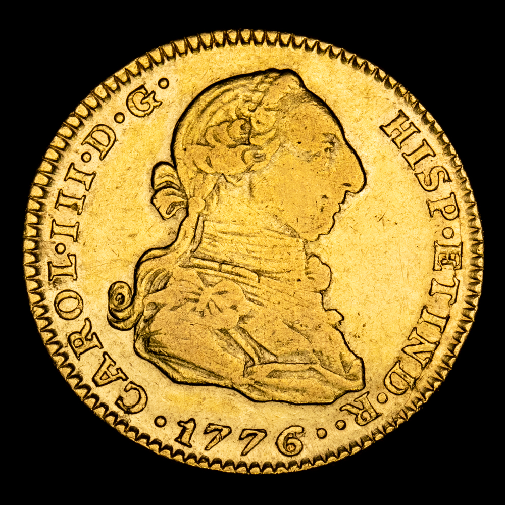 Carlos III. 2 Escudos. (5,71 g.). Madrid. 1776/4. Ensayador P·J. Aureo y Calico-1550. MBC+. Rara, rectificación