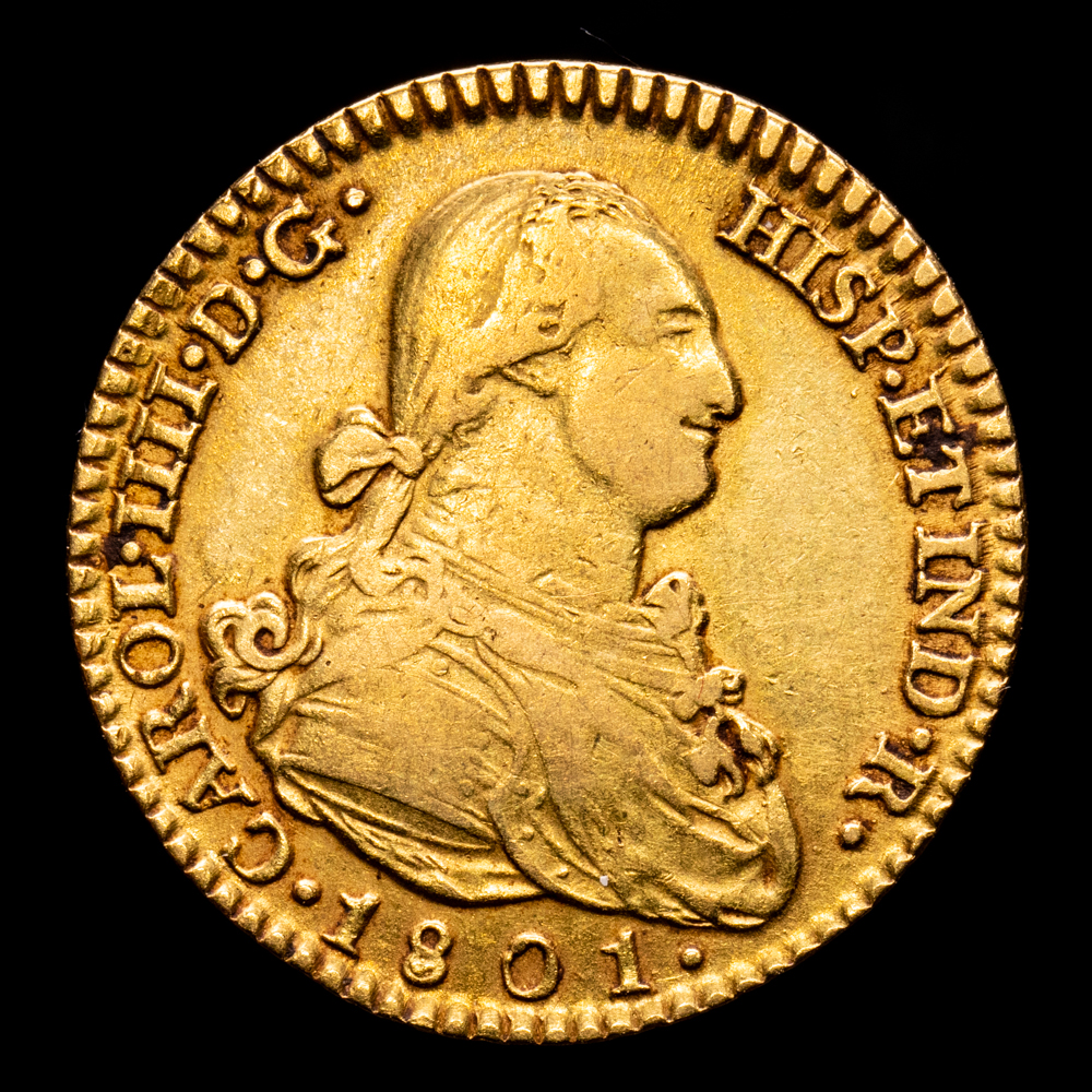 Carlos IV. 2 Escudos. (6,71 g.). Madrid. 1801. Ensaador FA/MF. Aureo y Calico-1302. MBC.