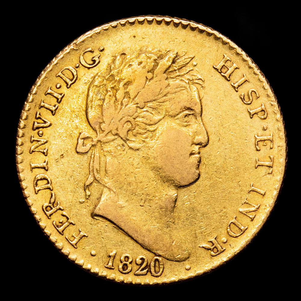 Fernando VII. 2 Escudos. (6,77 g.). Madrid. 1820/1. Ensayador G·J. Aureo y Calico-217var. MBC. Sobrefecha