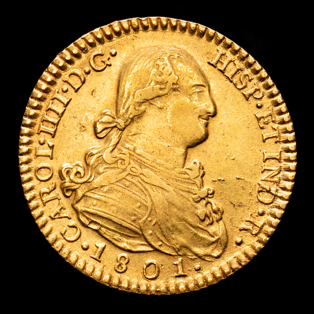 Carlos IV. 2 Escudos. (6,85 g.). Madrid. 1801. Ensayador FA/MF. Aureo y Calico-1302. MBC+. Ensayador claramente rectificado