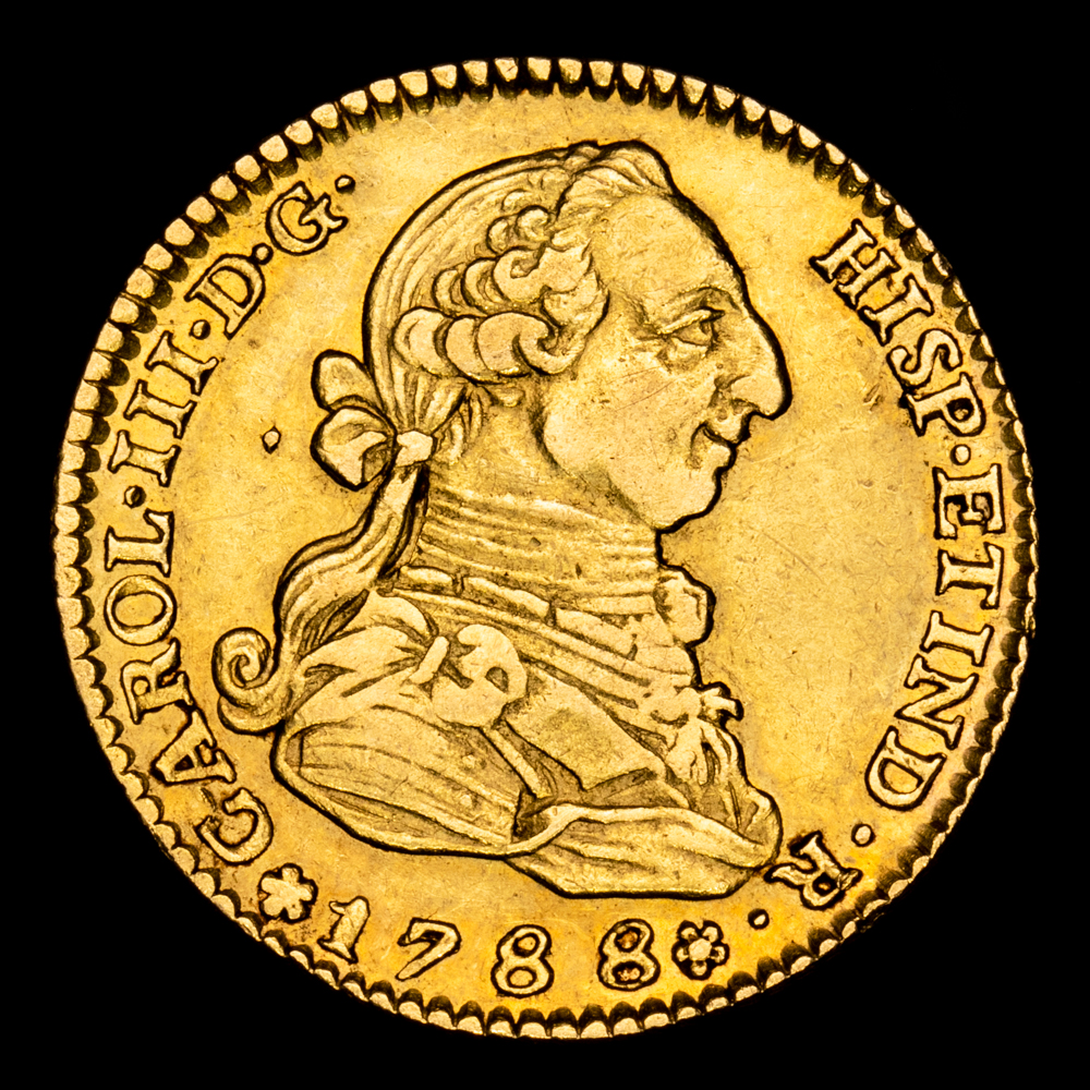 Carlos III. 2 Escudos. (6,81 g.). Madrid. 1788. Ensayador M/D·V. Aureo y Calico-1577. MBC+. Buen ejemplar. Escasa con esta rara recificación.
