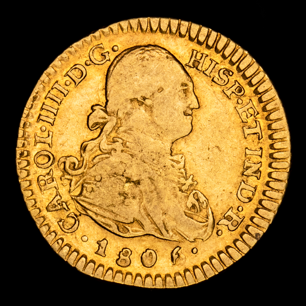 Carlos IV. 1 Escudo. (3,39 g.). Popayán (Colombia). 1805. Ensayador J·F. Aureo y Calico-1166. MBC+. Restos de brillo original.