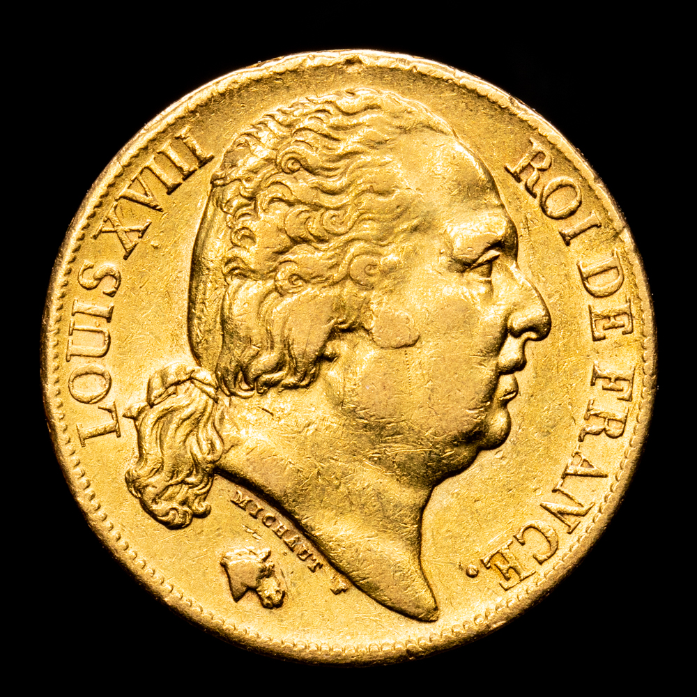 Farncia – Luis XVIII. 20 Francs. (6,37 g.). París-A. 1819. PR-538. EBC-. Parte del brillo original.