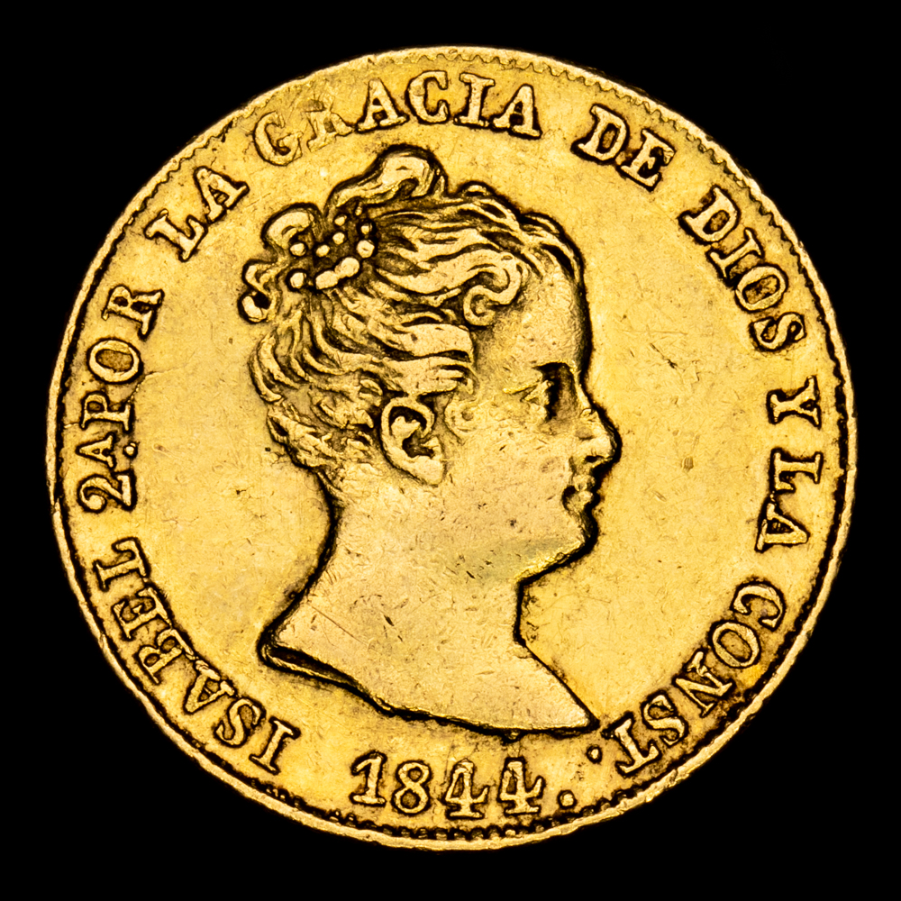 Isabel II. 80 Reales. (6,71 g.). Barcelona. 1844. Ensayador P·S. Aureo y Calico-711. MBC+/MBC. Hoja en reverso