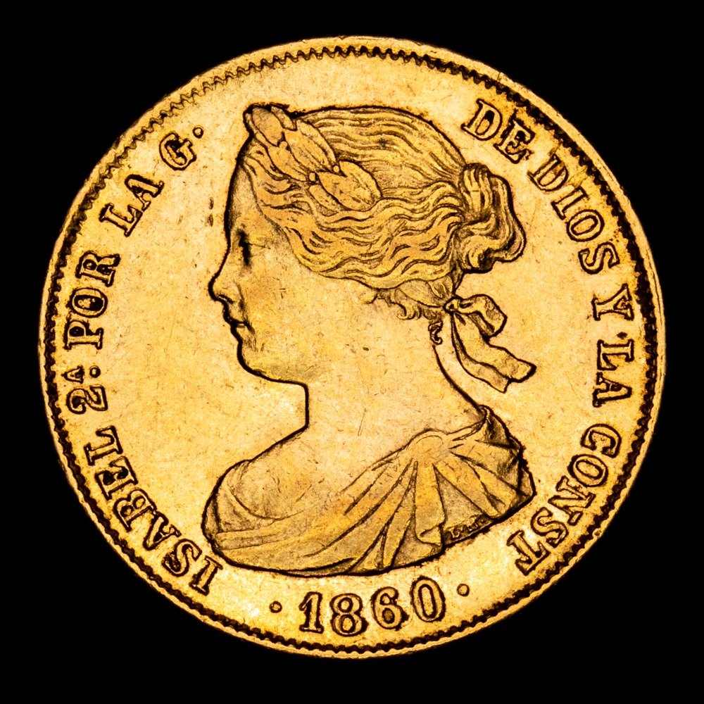 Isabel II. 100 Reales. (8,32 g.). Sevilla. 1860. Aureo y Calico-803. EBC-. Restos de brillo original.