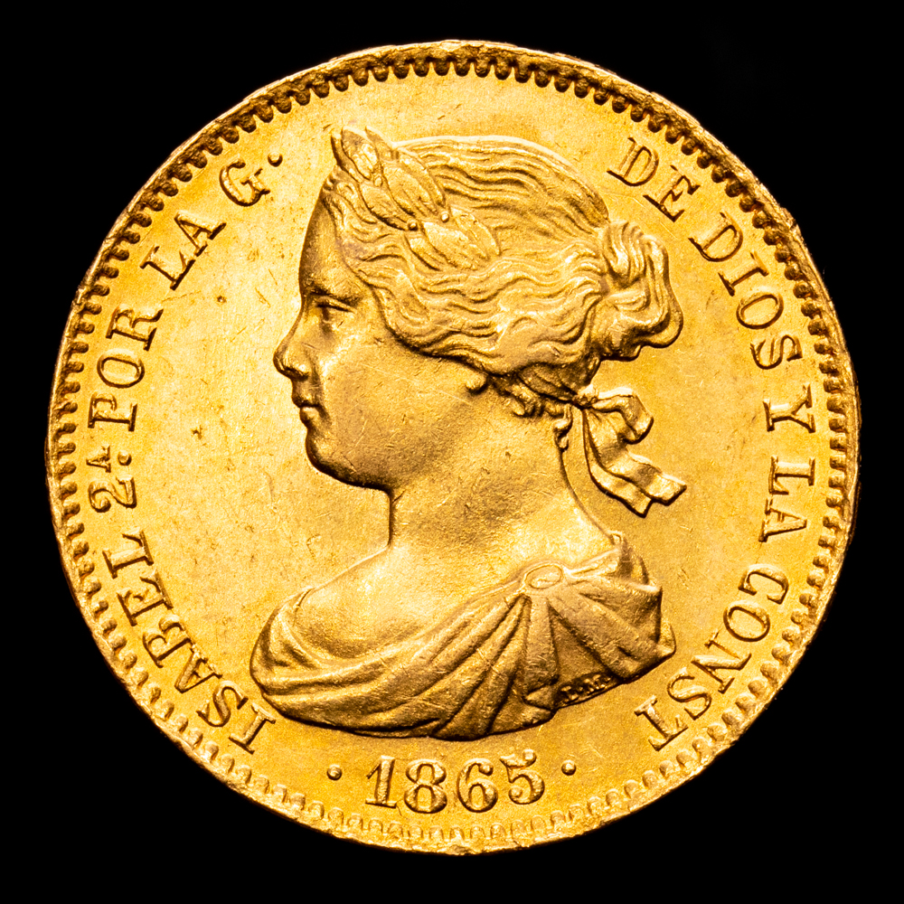 Isabel II. 10 Escudos. (8,32 g.). Madrid. 1865. Aureo y Calico-810. EBC+. Brillo original.