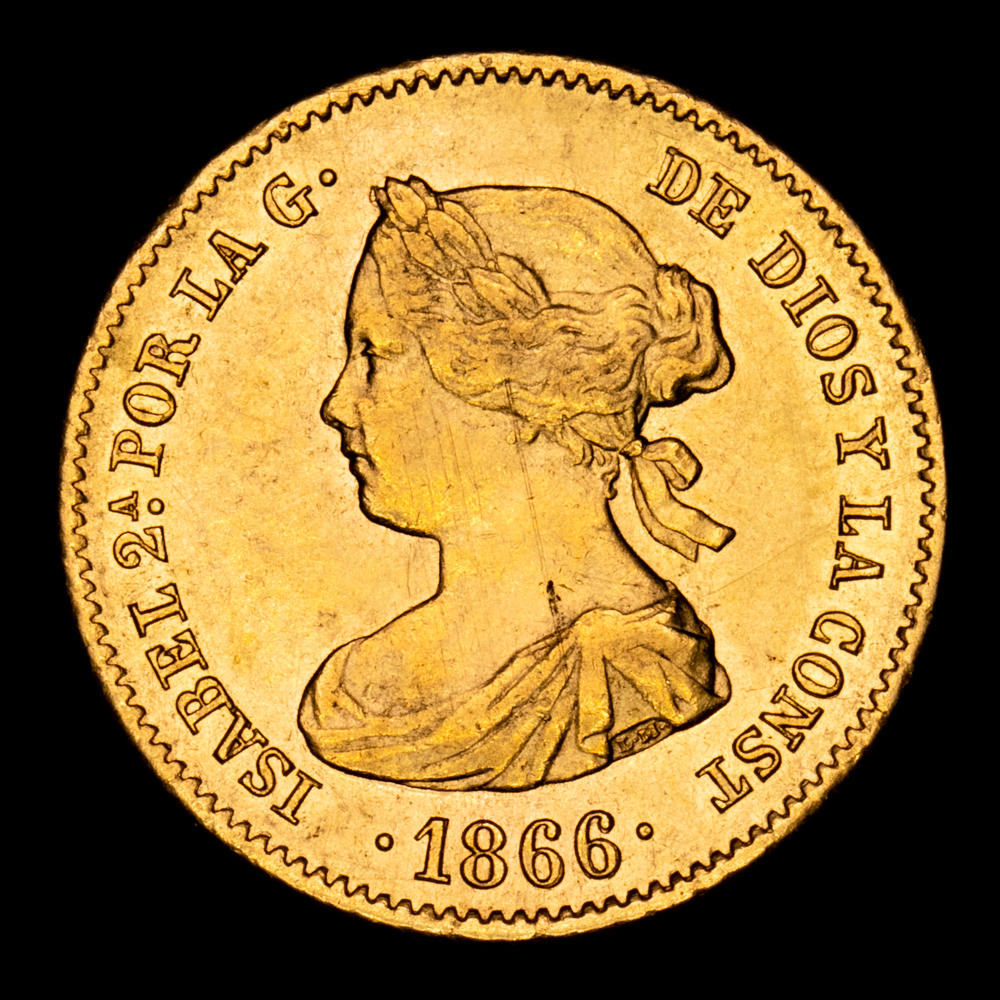 Isabel II. 4 Escudos. (8,39 g.). Madrid. 1866. Aureo y Calico-689. MBC+. Tono.