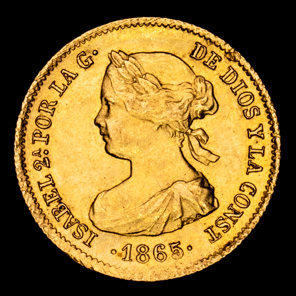 Isabel II. 2 Escudos. (1,68 g.). Madrid. 1865/3. Aureo y Calico-PDF-674.1. MBC+/EBC-. Restos de brillo original. Rara con esta rectificación