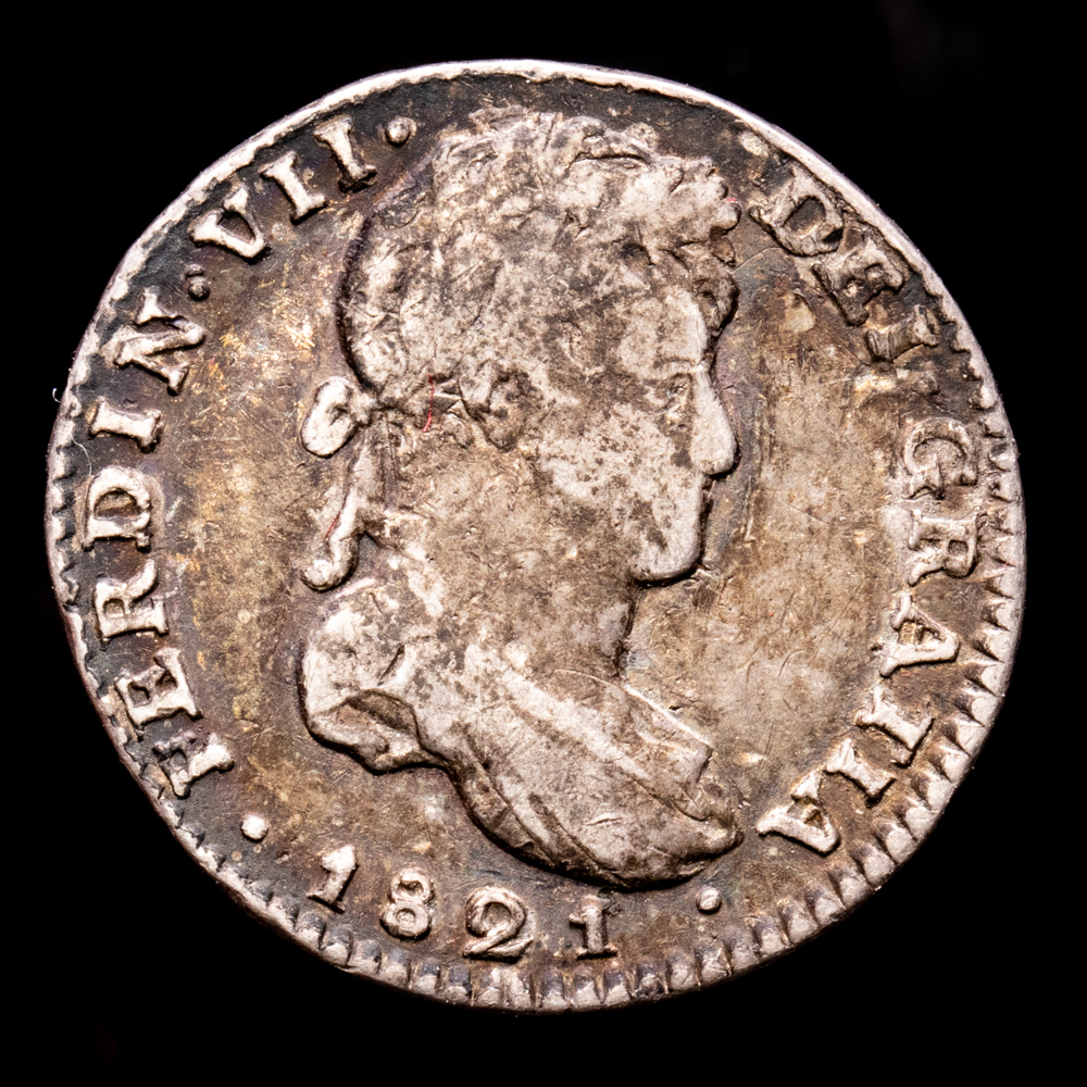 Fernando VII. 1 Real. (3,33 g.). México. 1821. Ensayador J·J. Aureo y Calico-190. MBC-. Pátina