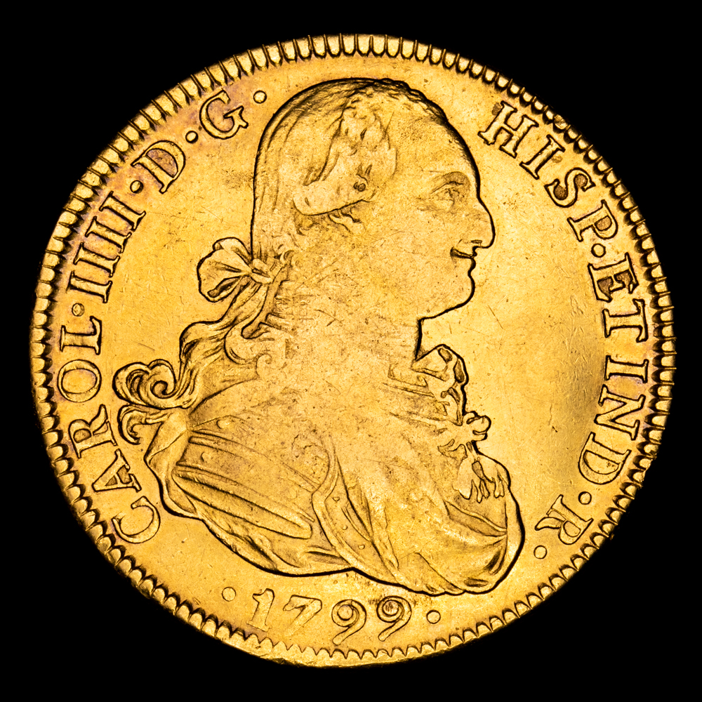 Carlos IV. 8 Escudos. (27,01 g.). México. 1799. Ensayador F·M. Aureo y Calico-1640. MBC+/EBC-.