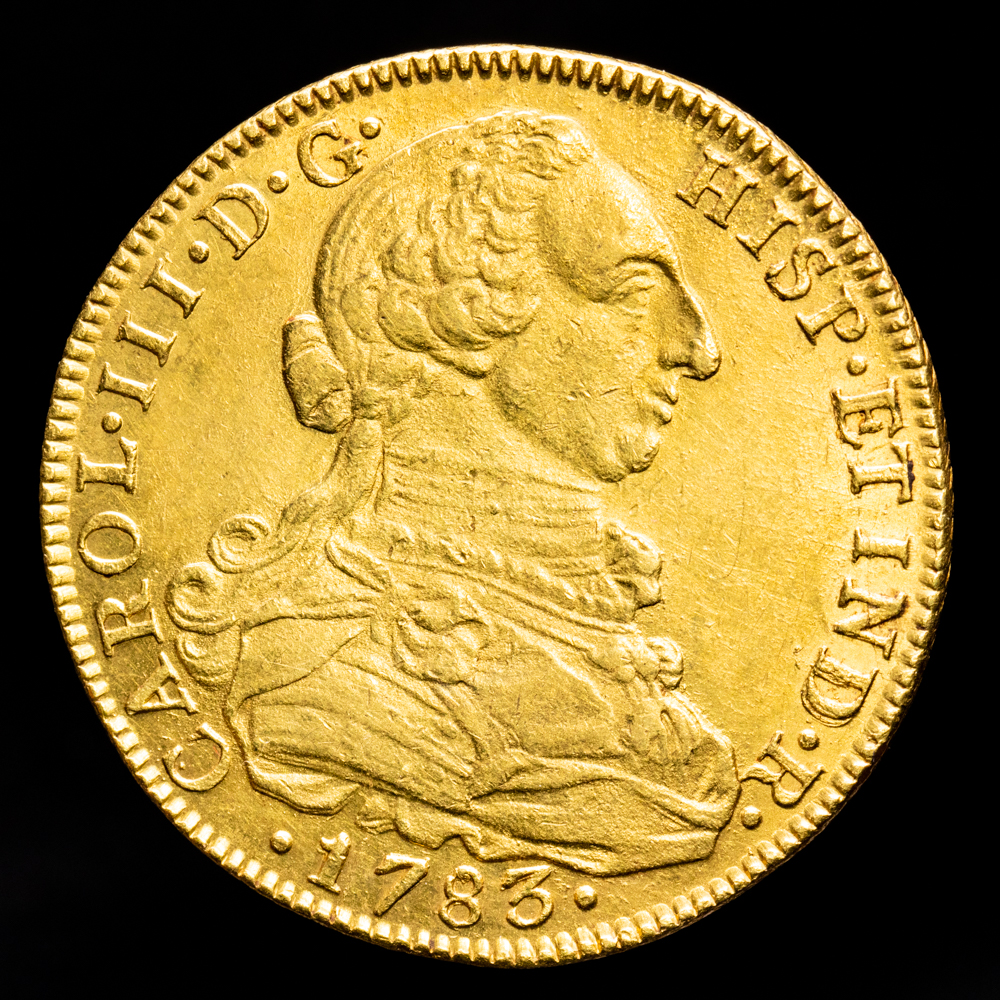 Carlos III. 8 Escudos. (27,05 g.). Nuevo Reino. 1783. Ensayador J·J. Aureo y Calico-2116. EBC. Restos de brillo original.