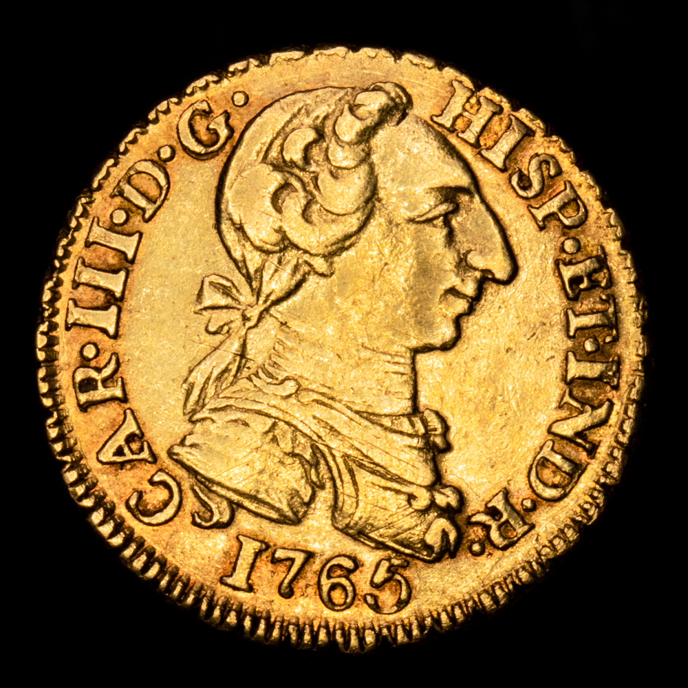 Carlos III. 1 Escudo. (3,33 g.). México. 1765. Ensayador MF. Aureo y Calicó-1380. EBC-. Restos de brillo original. Muy rara.