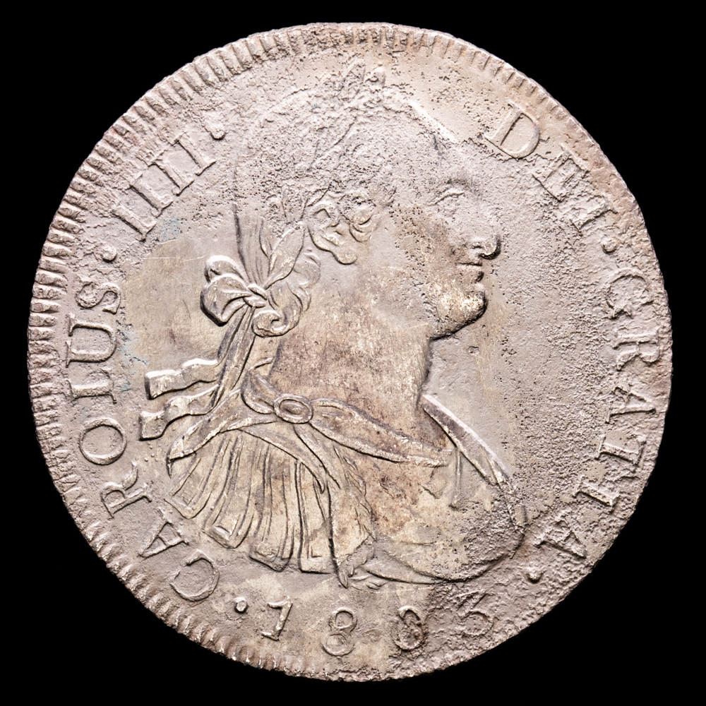 Carlos IV. 8 Reales. (25,14 g.). Nueva Guatemala. 1803. Ensayador M. AC-896. (MBC-). Corrosiones marinas.