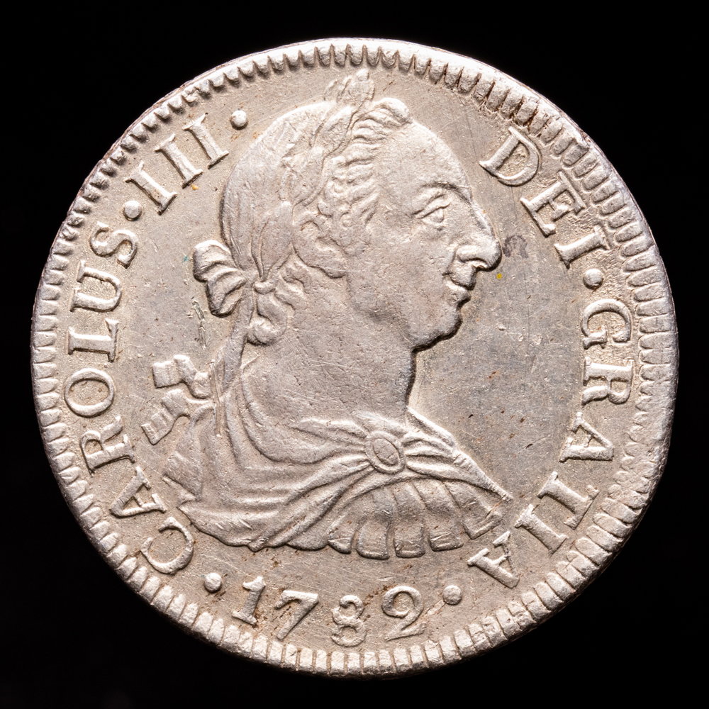 Carlos III. 2 Reales. (6,72 g.). México. 1782. Ensayador F·F. Aureo y Calicó – 672. EBC. Restos de brillo original. Muy bella.