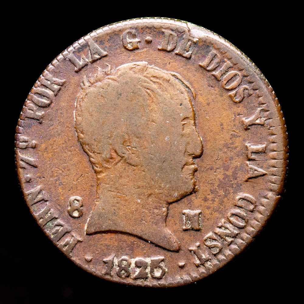 Fernando VII. 8 Maravedís. (10,2 g.). Jubia. 1823. Aureo y Calicó – 204. BC+.