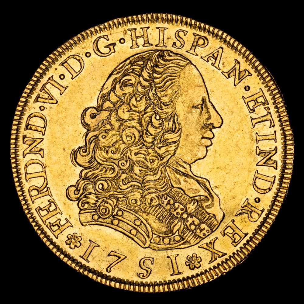 Fernando VI. 8 Escudos. (27,01 g.). Lima (Perú). 1751. Ensayador J. Aureo y Calicó – 764. EBC+. Brillo original. Atractiva
