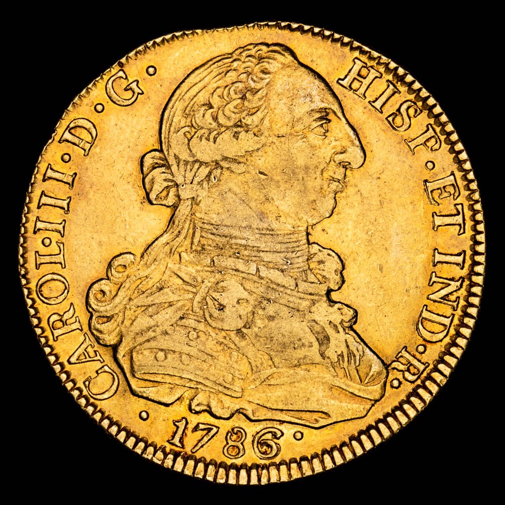 Carlos III. 8 Escudos. (26,94 g.). Popayán. 1786. Ensayador S·F. Aureo y Calicó – 2055. MBC+. Precioso color.