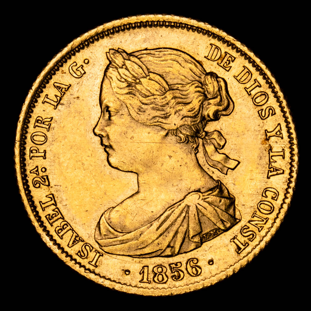 Isabel II. 100 Reales. (8,31 g.). Madrid. 1856. Aureo y Calicó – 783. EBC+/SC-. Brillo original.