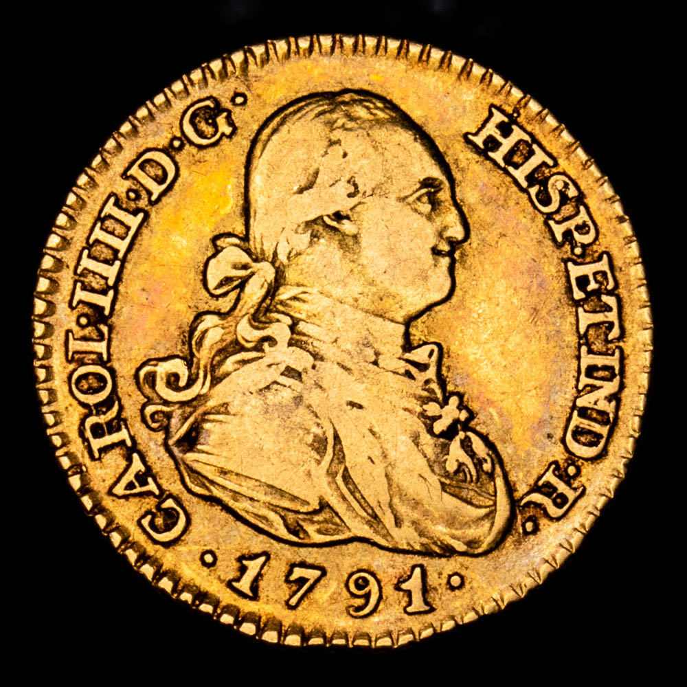 Carlos IV. 1 Escudo. (3,37 g.). Madrid. 1791. Ensayador M·F. Aureo y Calicó – 1108. MBC/MBC+. Bello color.