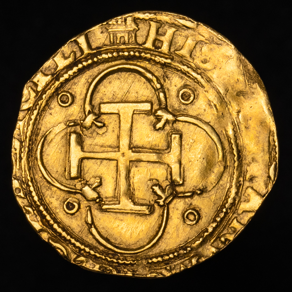 Juana y Carlos. 1 Escudo (3,24 g.). Sevilla. Antes de (1150). Ensayador “cuadrado”. Aureo y Calicó – 199. MBC+. Escasa.