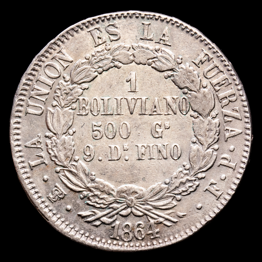 Bolivia. 1 Boliviano. (24,8 g.). Potosí. 1864. Ensayador (FP). KM-151.2. MBC+.