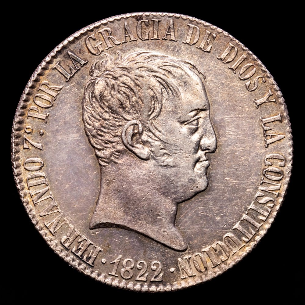 Fernando VII. 20 Reales. (26,86 g.). Madrid. 1822. Ensayador S·R. Aureo y Calicó-1282. EBC+. Rara. Tipo “cabezón” Tono
