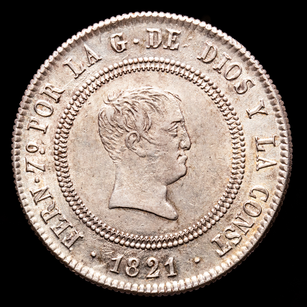 Fernando VII. 10 Reales. (13,16 g.). Madrid. 1821. Ensayador S·R. Aureo y Calicó-1088. EBC-. Escasa así.