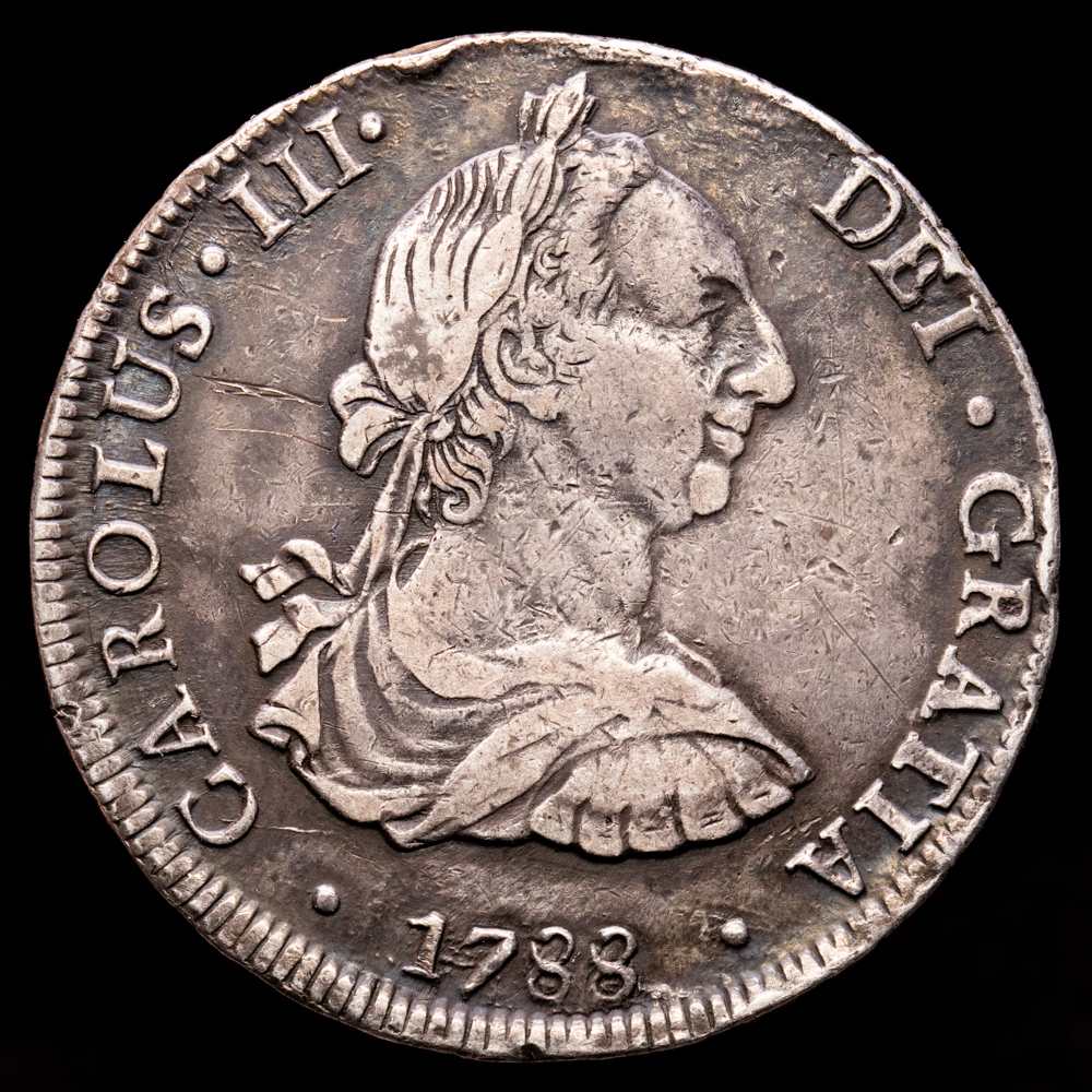Carlos III. 8 Reales. (26,84 g.). Potosí. 1788. Ensayador P·R. Aureo y Calicó-1195. MBC. Flan grande