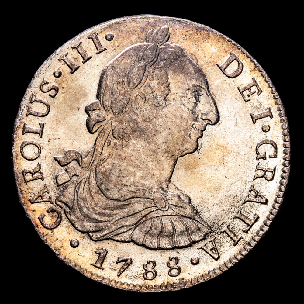 Carlos III. 8 Reales. (27,28 g.). Perú. 1788. Ensayador I·J. Aureo y Calicó-1059. EBC+/SC. Restos de brillo original. Pátina