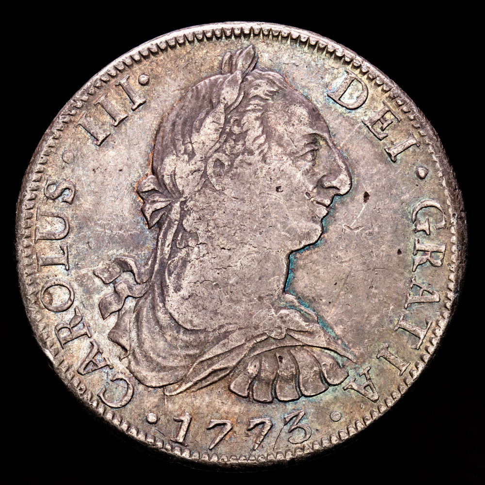 Carlos III. 8 Reales. (26,98 g.). México. 1773. Ensayador F·M. Aureo y Calicó-1107. MBC+/EBC-.