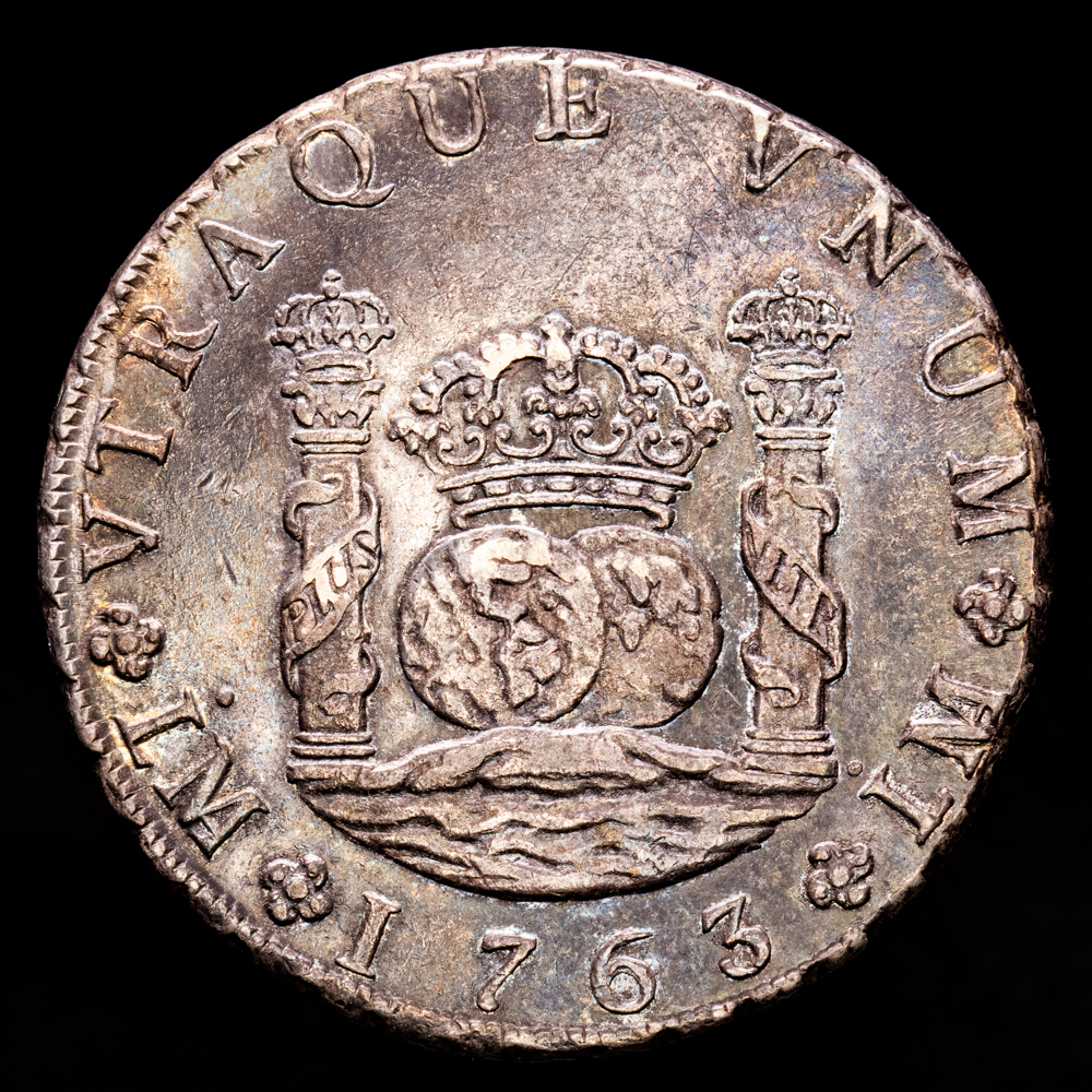 Carlos III. 8 Reales. (27,16 g.). Lima. 1763. Ensayador J·M. Aureo y Calicó-1023. EBC/EBC+. Preciosa pátina arcoiris