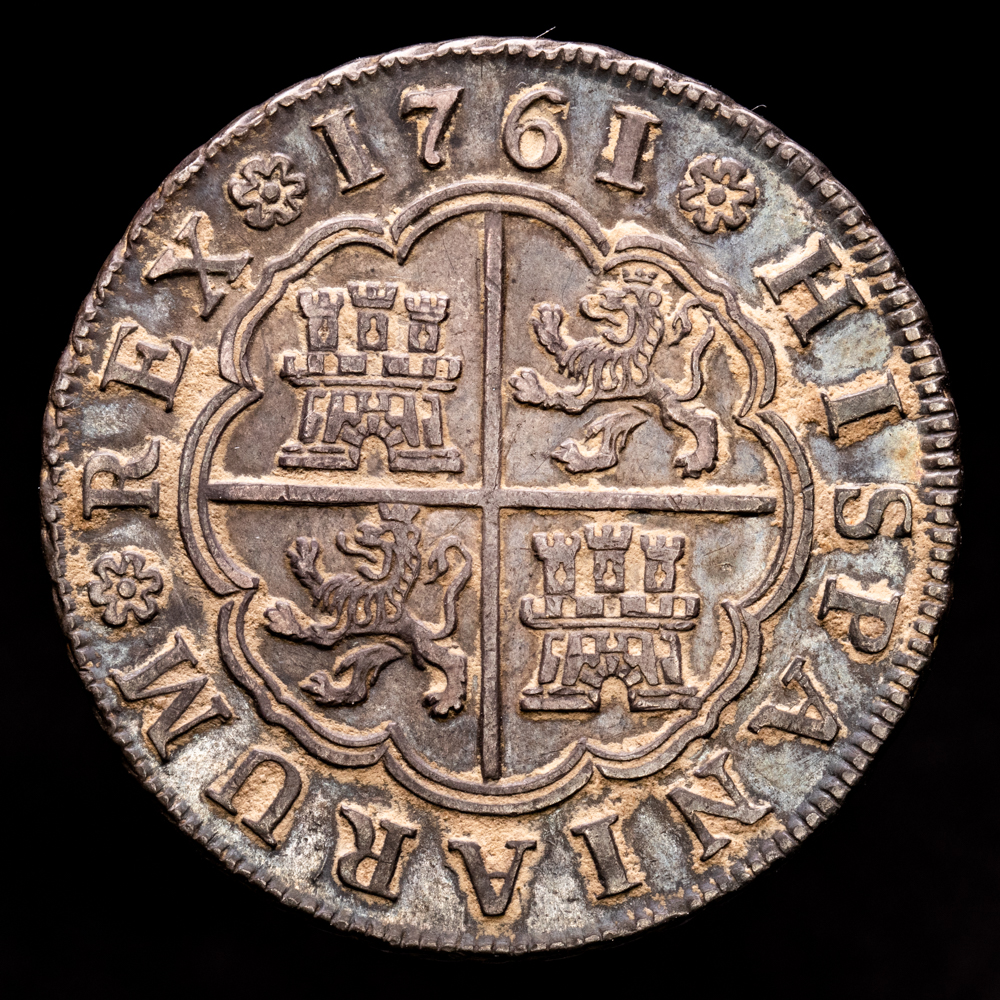 Carlos III. 4 Reales. (13,56 g.). Madrid. 1761. Ensayador J·P. Aureo y Calicó-853. EBC-.Preciosa Pátina. Ex. Baldomero de la Fuente.