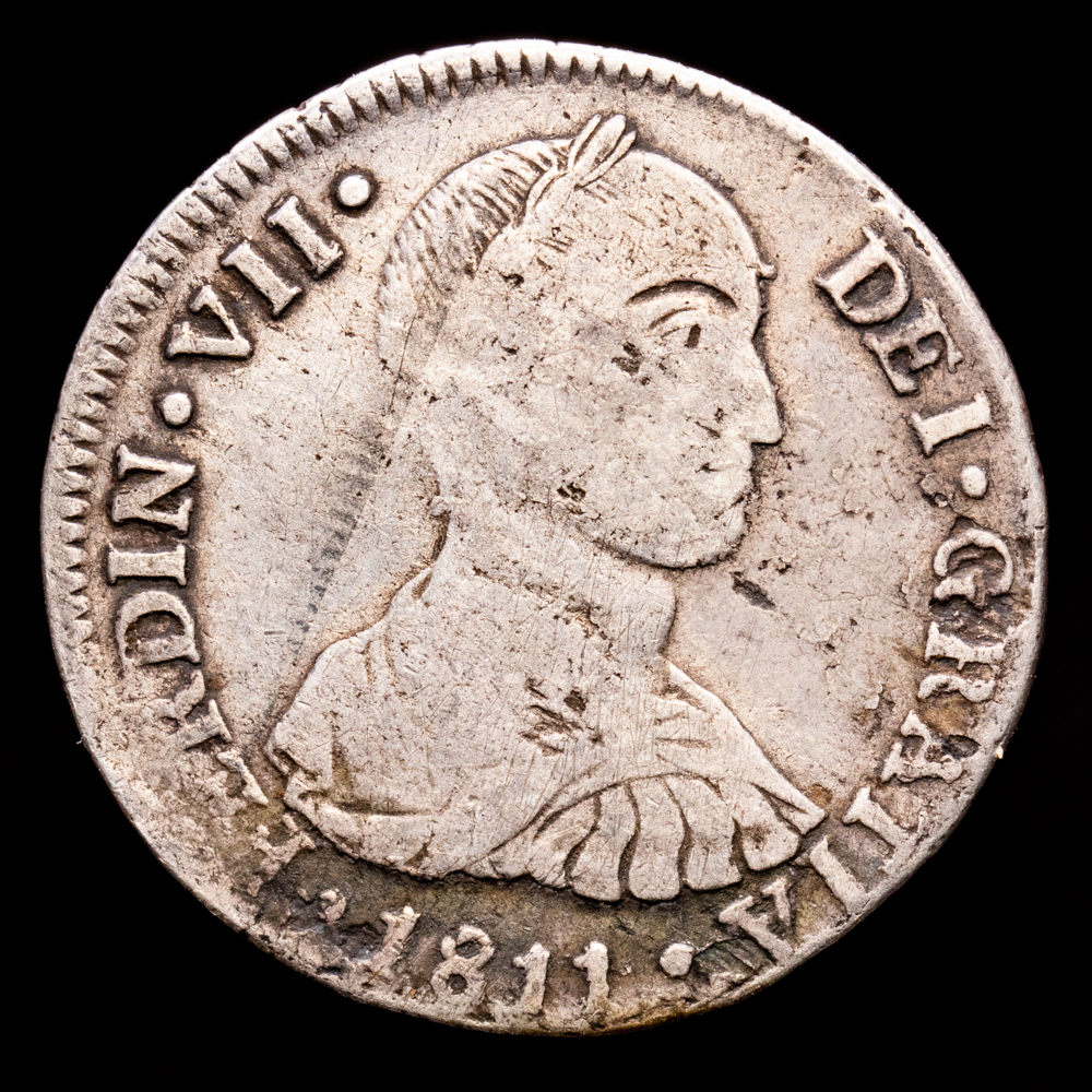 Fernando VII. 2 Reales. (6,51 g.). Lima. 1811. Ensayador J·P. Aureo y Calicó-810. MBC-. Rara.