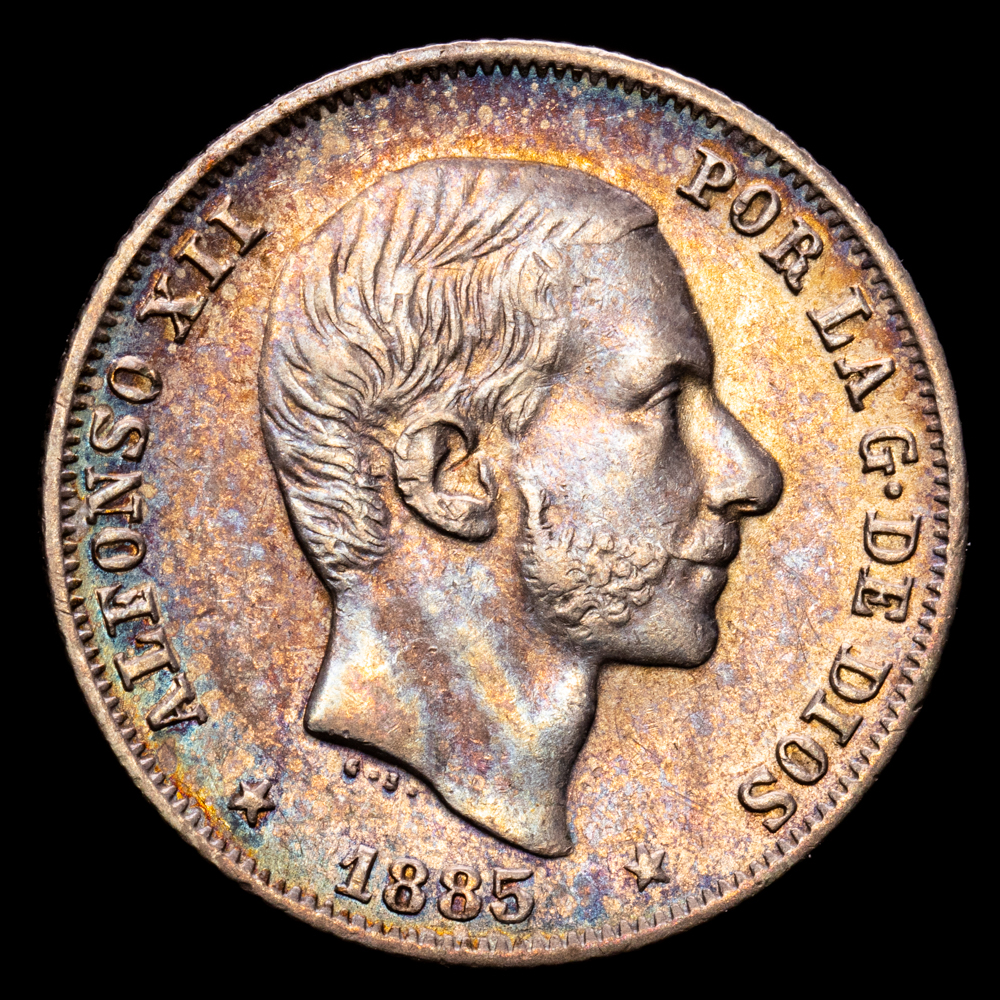Alfonso XII. 20 Céntimos. (5,18 g.). Manila (Filipinas). 1885. Aureo y Calico-111. MBC+. Bello color
